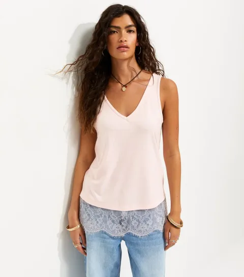 New Look Women's Light Pink Lace Trim Relaxed V-Neck Vest