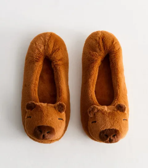 New Look Women's Tan Faux Fur Capybara Slippers