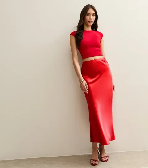 New Look Women's Bright Red Satin Bias Cut Midi Skirt