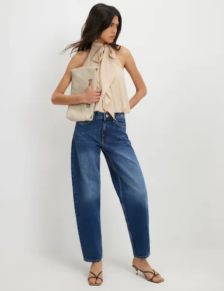 River Island Mid Rise Barrel Jeans Blue Denim