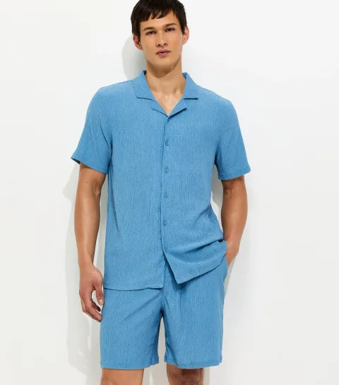 Men's Light Blue Short Sleeve Regular Crinkle Shirt