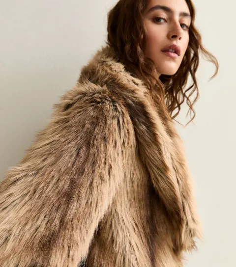 Women's Brown Faux Fur Shawl Collar Mid Coat