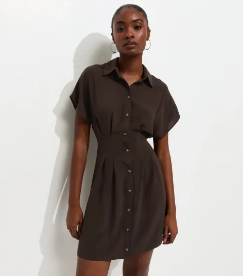 Women's Dark Brown Short Sleeve Mini Shirt Dress