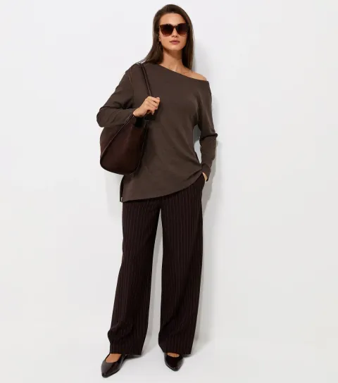Women's Dark Brown Asymmetric Hem Long Sleeve Top