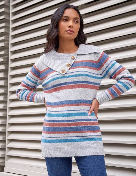 Roman Striped Cowl Neck Jumper Grey Mix