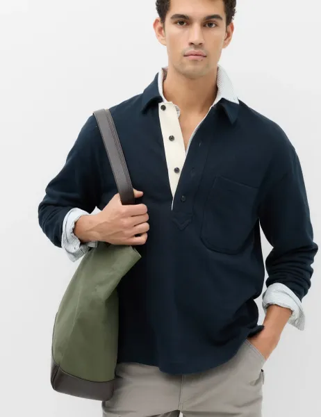 Marks & Spencer Pure Cotton Heavyweight Long Sleeve Polo Shirt Navy
