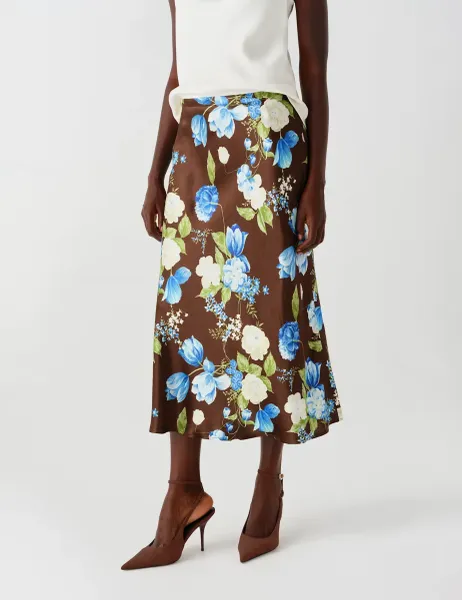 Satin Floral Midi Slip Skirt Brown Mix