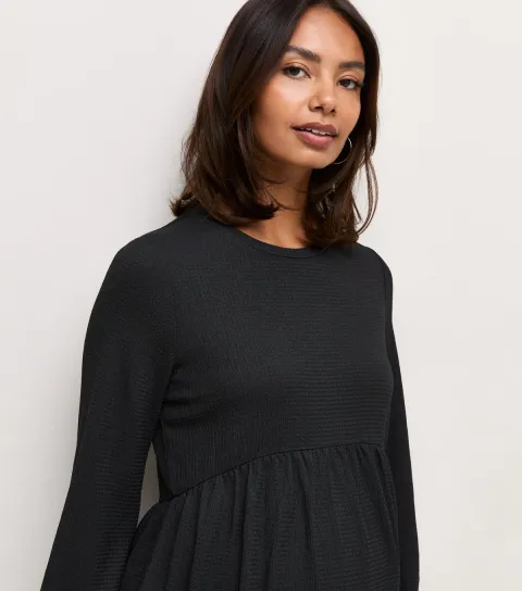 Women's Maternity Black Long Sleeve Crinkle Texture Smock Mini Dress