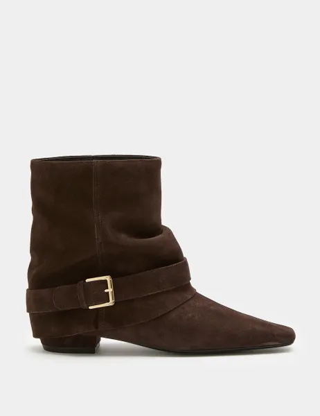 Marks & Spencer Suede Buckle Slouch Block Heel Ankle Boots Brown