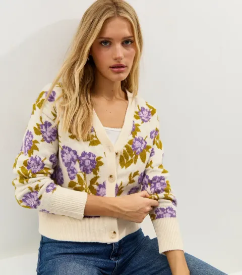 Women's Cream Floral Patterned V-Neck Cardigan