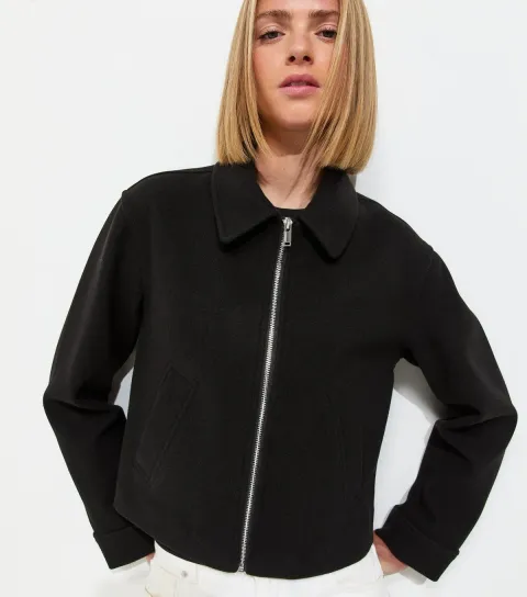 Women's Black Felt Zip Through Shacket