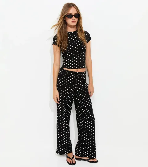 Women's Tall Black Cotton Rich Polka Dot Wide Leg Trousers