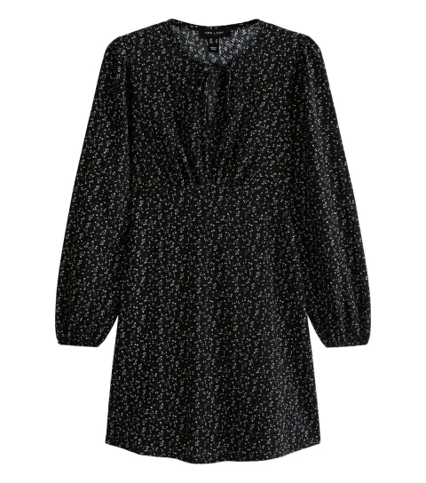 New Look Women's Black Rose Print Crinkle Texture Keyhole Neck Long Sleeve Mini Dress