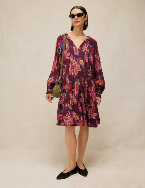 White Stuff Printed Notch Neck Knee Length Dress Plum