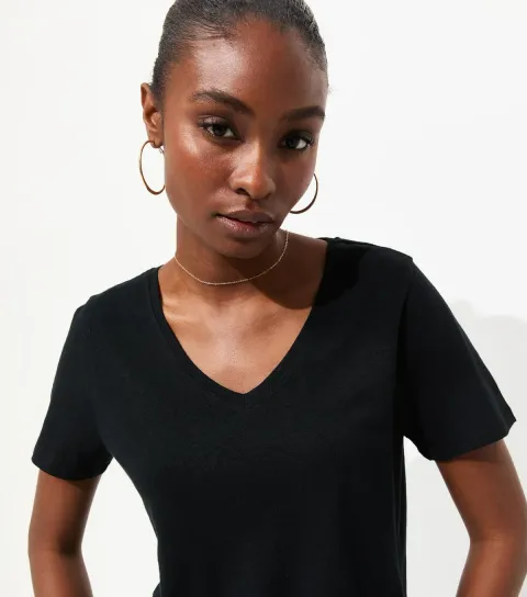 Women's Premium Black Linen Rich V Neck T-Shirt