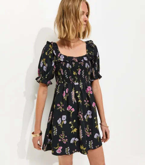 Women's Black Short Sleeve Shirred Frill Mini Dress