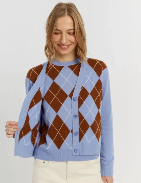 Wool Rich Argyle Cardigan with Cashmere Blue Mix