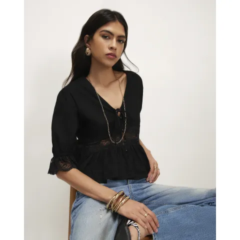River Island Lace Trim Tie Front Blouse
