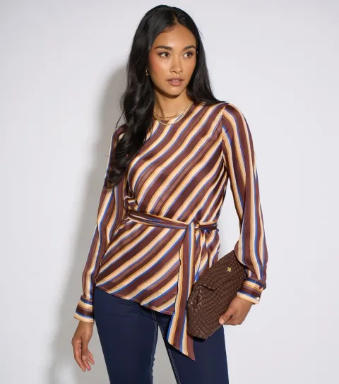 Gini London Women's Brown Metallic Striped Belted Blouse