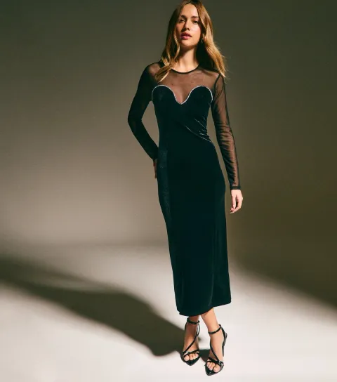 Women's Black Velvet Embellished Trim Mesh Long Sleeve Midi Dress