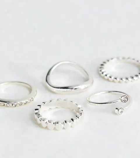 New Look Pack of 5 Silver Tone Textured Diamante Rings