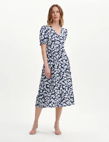 Finery London Floral V-Neck Button Through Midi Tea Dress Blue Mix
