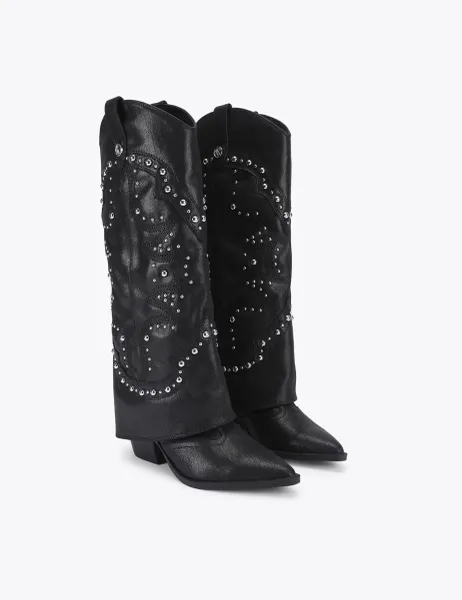 Steve Madden Leather Studded Pointed Knee High Boots Black
