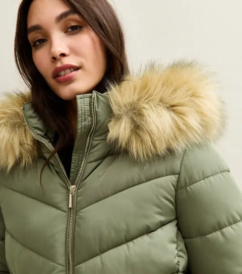 Women's Khaki Hooded Faux Fur Trim Padded Jacket
