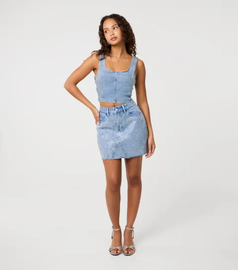 Women's Mid Blue Diamanté Embellished Denim Mini Skirt