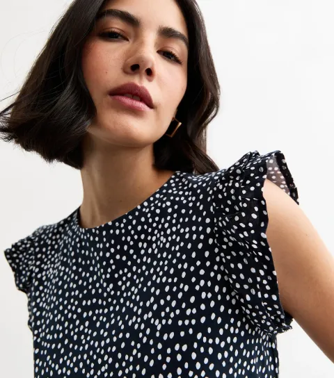 Women's Blue Spot Print Frill Sleeve Top