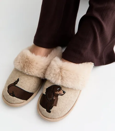Women's Camel Sausage Dog Embroidered Mule Slippers Vegan