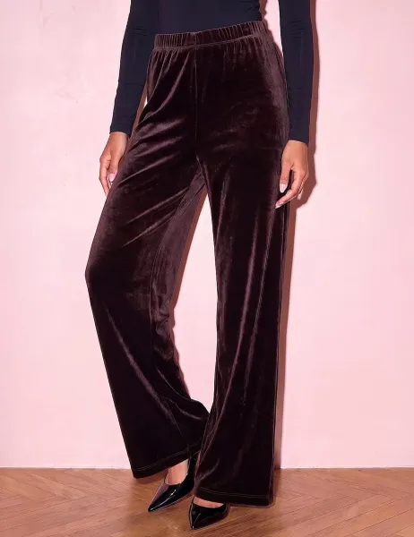 Roman Petite Wide Leg Velvet Trousers Chocolate