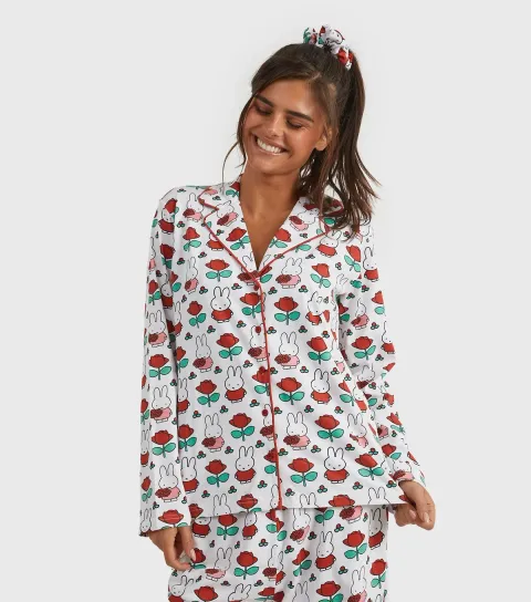 Women's White Miffy Rose Shirt and Trousers Pyjama Set