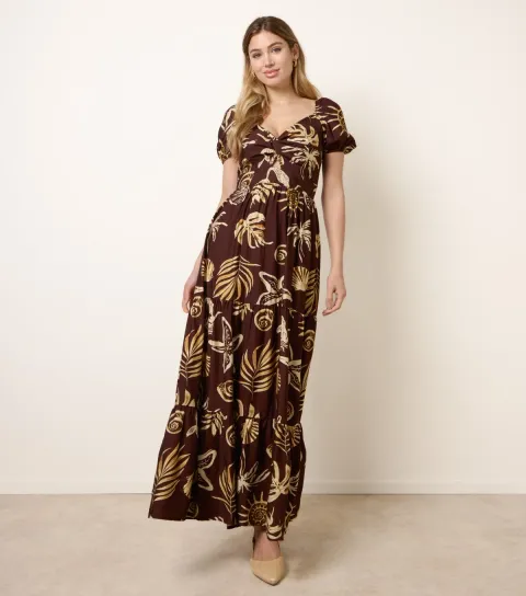 Women's Dark Brown Knot Front Shell Print Dress