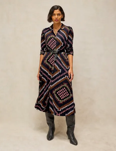 White Stuff Rua Cotton Blend Jersey Printed Midi Shirt Dress Navy Mix