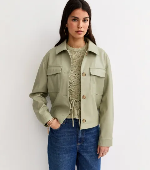 New Look Women's Light Khaki Faux Leather Flap Pocket Shacket Vegan