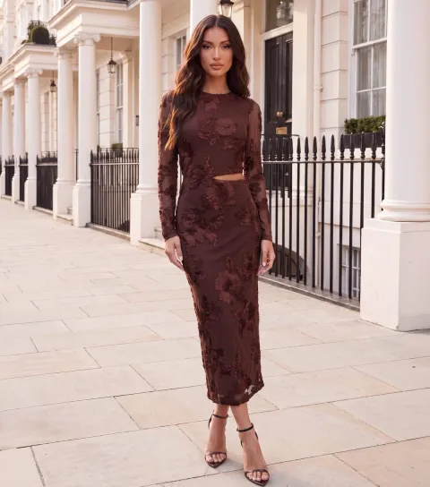 AX Paris Women's Dark Brown Floral Embroidered Cut Out Midi Dress