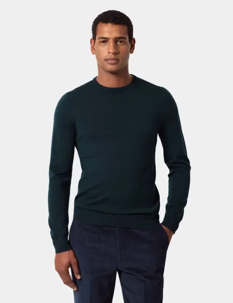 Hawes & Curtis Pure Merino Wool Textured Crew Neck Jumper Dark Green