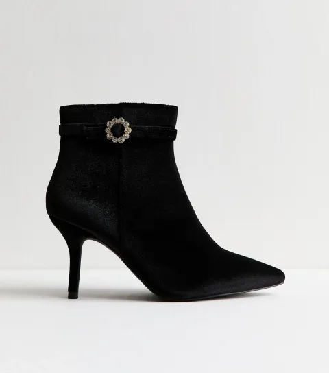 Women's Wide Fit Black Velvet Diamante Buckle Ankle Boots Vegan