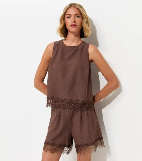 Women's Dark Brown With Cotton Lace Hem Shorts