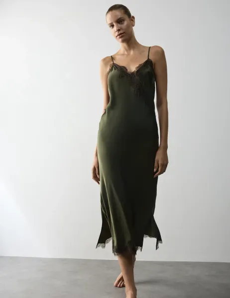 Autograph Satin & Lace Maxi Chemise Dark Khaki