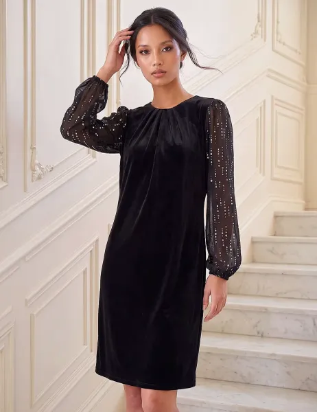 Roman Petite Velvet Foil Print Knee Length Dress Black