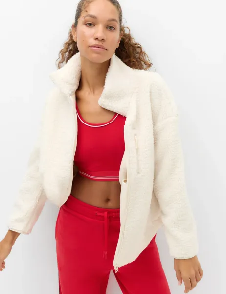 Goodmove Borg Zip Up Longline Fleece Jacket Ecru
