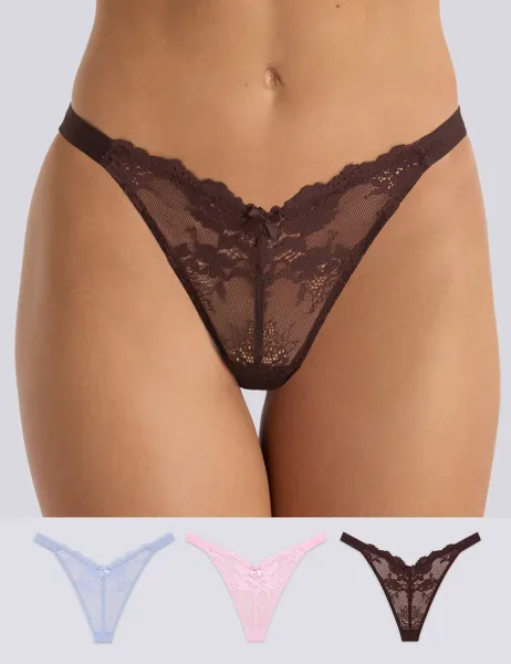 Boux Avenue 3 Pack Fran Lace High Leg Thongs Chocolate