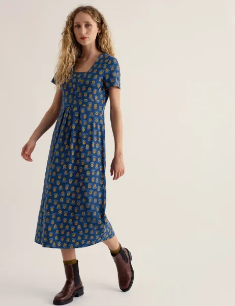 Seasalt Cornwall Jersey Floral V-Neck Midi Skater Dress Navy Mix