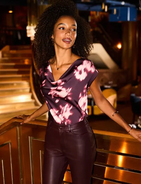 SOSANDAR Satin Floral Cowl Neck Top Burgundy Mix