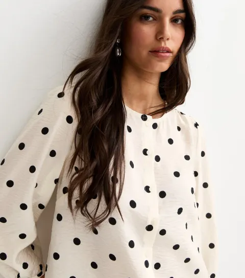 Women's White Spot Print Crinkle Texture Blouse