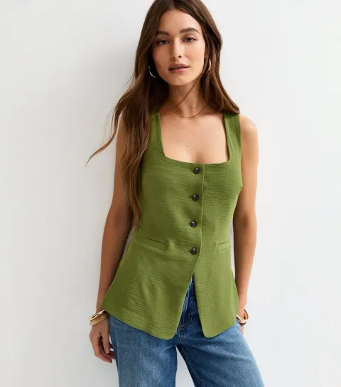 New Look Women's Khaki Square Neck Button Front Waistcoat
