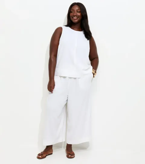 Women's Plus Size White Linen Blend Cropped Drawstring Trousers Curves