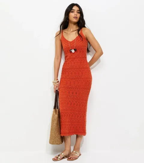 Women's Bright Orange Cotton Rich Open Knit V-Neck Midi Dress